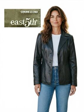 East 5th Women Genuine Leather Blazer Jacket Fitted Black Size XL